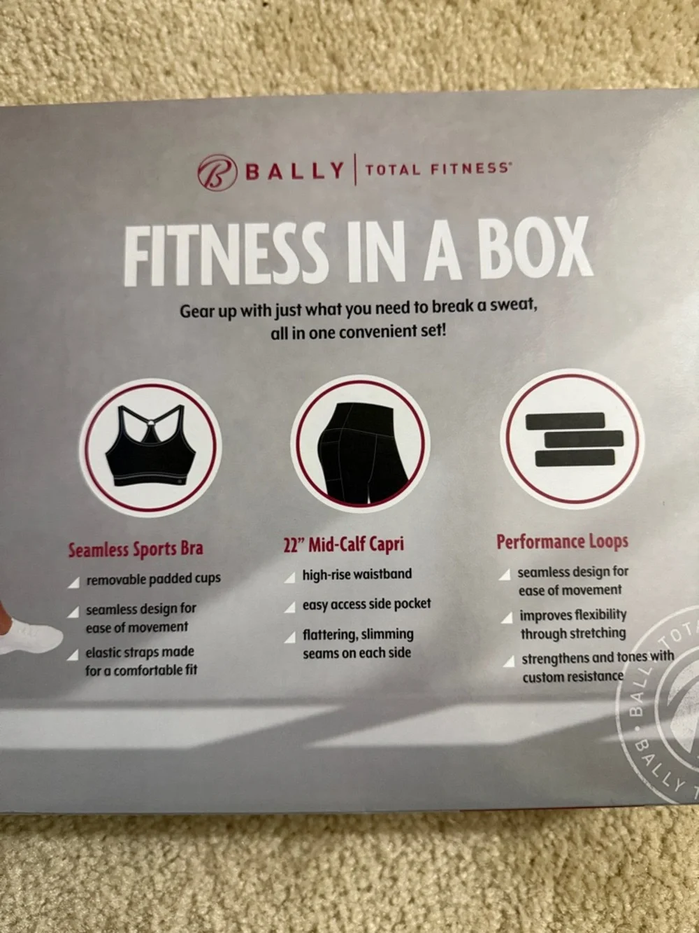 New in Box Bally Total Fitness fitness in a box 3 items set size medium black